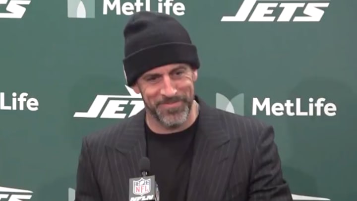 New York Jets quarterback Aaron Rodgers speaks to the media on January 5, 2025. New York Jets quarterback Aaron Rodgers speaks to the media on January 5, 2025.