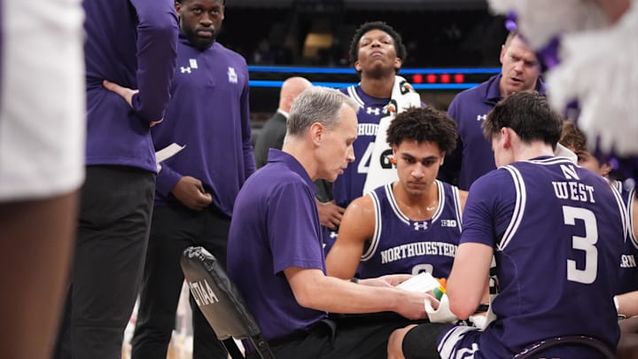 Mar 11, 2026; Chicago, IL, USA: Northwestern Wildcats head coach Chris Collins talks to his team in a timeout against the Indiana Hoosiers during the first half at United Center. Mandatory Credit: David Banks-Imagn Images Mar 11, 2026; Chicago, IL, USA: Northwestern Wildcats head coach Chris Collins talks to his team in a timeout against the Indiana Hoosiers during the first half at United Center. Mandatory Credit: David Banks-Imagn Images