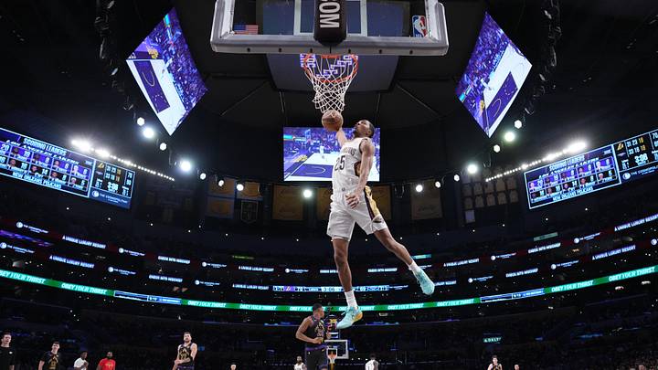 Mar 3, 2026; Los Angeles, California, USA; New Orleans Pelicans forward Trey Murphy III (25) dunks the ball against the Los Angeles Lakers in the second half at Crypto.com Arena. Mandatory Credit: Kirby Lee-Imagn Images Mar 3, 2026; Los Angeles, California, USA; New Orleans Pelicans forward Trey Murphy III (25) dunks the ball against the Los Angeles Lakers in the second half at Crypto.com Arena. Mandatory Credit: Kirby Lee-Imagn Images