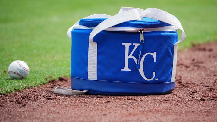 Jun 15, 2025; Kansas City, Missouri, USA; A general view of a Kansas City Royals ball bag prior to a game against the Athletics at Kauffman Stadium. Mandatory Credit: Denny Medley-Imagn Images