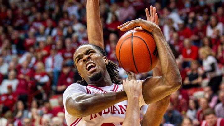Indiana's Mackenzie Mgbako (21) is fouled during the Indiana versus Minnesota men's basketball game