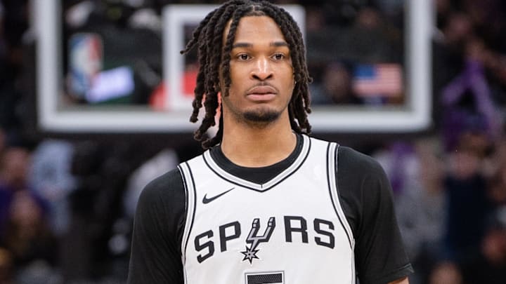 Mar 7, 2025; Sacramento, California, USA; San Antonio Spurs guard Stephon Castle (5) looks on during the fourth quarter of the game against the Sacramento Kings at Golden 1 Center. Mandatory Credit: Ed Szczepanski-Imagn Images