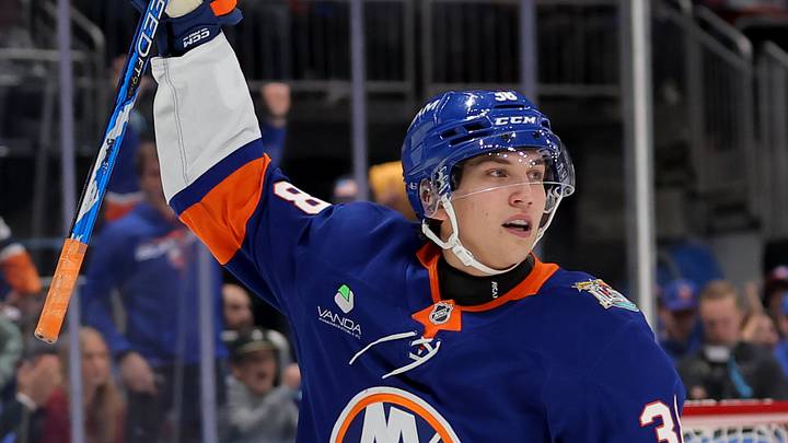 Oct 3, 2026; Elmont, New York, USA; New York Islanders right wing Victor Eklund (38) celebrates his first career goal during the third period against the New Jersey Devils at UBS Arena. Mandatory Credit: Brad Penner-Imagn Images Oct 3, 2026; Elmont, New York, USA; New York Islanders right wing Victor Eklund (38) celebrates his first career goal during the third period against the New Jersey Devils at UBS Arena. Mandatory Credit: Brad Penner-Imagn Images