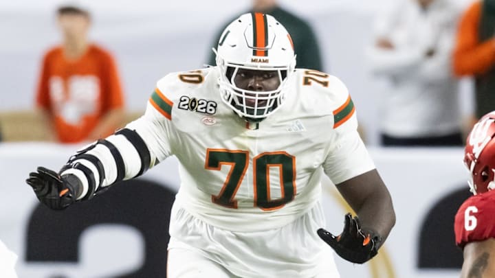 Jan 19, 2026; Miami Gardens, FL, USA; Miami Hurricanes offensive lineman Markel Bell (70) against the Indiana Hoosiers during the College Football Playoff National Championship game at Hard Rock Stadium. Mandatory Credit: Mark J. Rebilas-Imagn Images