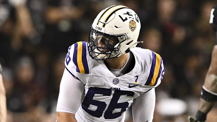 Oct 26, 2024; College Station, Texas, USA; LSU Tigers offensive tackle Will Campbell (66) lines up during the second quarter against the Texas A&M Aggies. The Aggies defeated the Tigers 38-23; at Kyle Field. Mandatory Credit: Maria Lysaker-Imagn Images.  