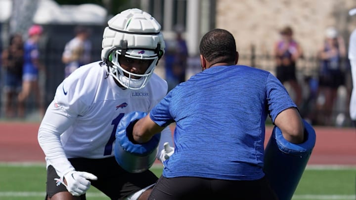 Buffalo Bills wide receiver Curtis Samuel dodges past the block during the Buffalo Bills training camp at St. John Fisher University in Pittsford on July 24, 2025. Buffalo Bills wide receiver Curtis Samuel dodges past the block during the Buffalo Bills training camp at St. John Fisher University in Pittsford on July 24, 2025.