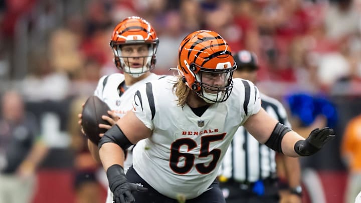 Oct 8, 2023; Glendale, Arizona, USA; Cincinnati Bengals guard Alex Cappa (65) against the Arizona Cardinals at State Farm Stadium. Mandatory Credit: Mark J. Rebilas-Imagn Images