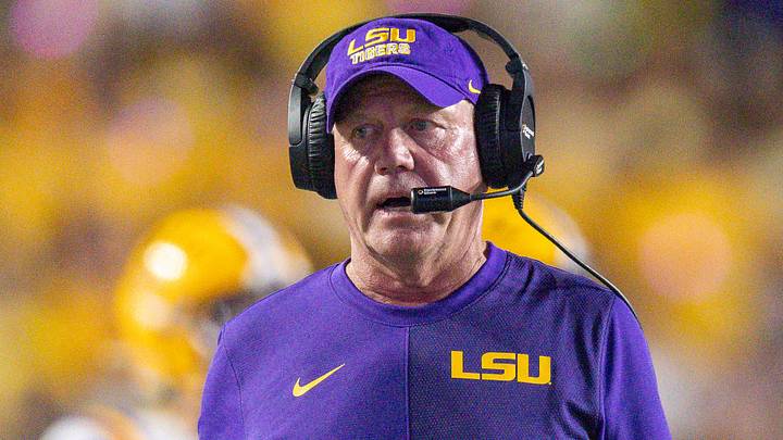 LSU Tigers head coach Brian Kelly looks on against the Florida Gators during the first half at Tiger Stadium.