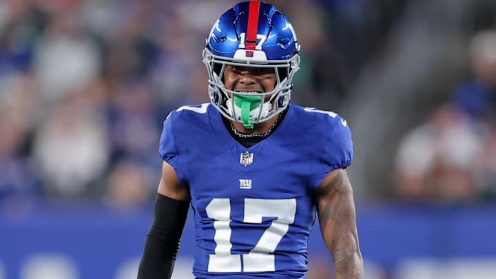 Oct 9, 2025; East Rutherford, New Jersey, USA; New York Giants wide receiver Wan'Dale Robinson (17) smiles after a play against the Philadelphia Eagles during the first quarter of the game at MetLife Stadium. 