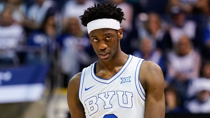 BYU Cougars forward AJ Dybantsa (3) looks on during the second half against the Colorado Buffaloes at the Marriott Center.