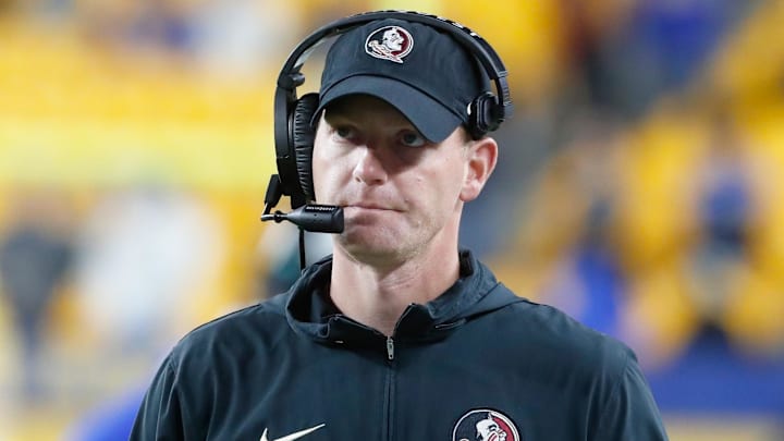 Nov 4, 2023; Pittsburgh, Pennsylvania, USA;  Florida State Seminoles senior offensive analyst of quarterbacks Austin Tucker looks on against the Pittsburgh Panthers during the fourth quarter at Acrisure Stadium. Mandatory Credit: Charles LeClaire-Imagn Images