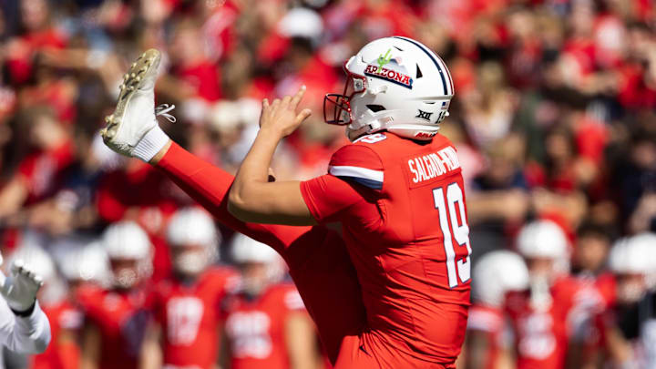 Oct 19, 2024; Tucson, Arizona, USA; Arizona Wildcats punter Michael Salgado-Medina (19) against the Colorado Buffalos at Arizona Stadium. Mandatory Credit: Mark J. Rebilas-Imagn Images