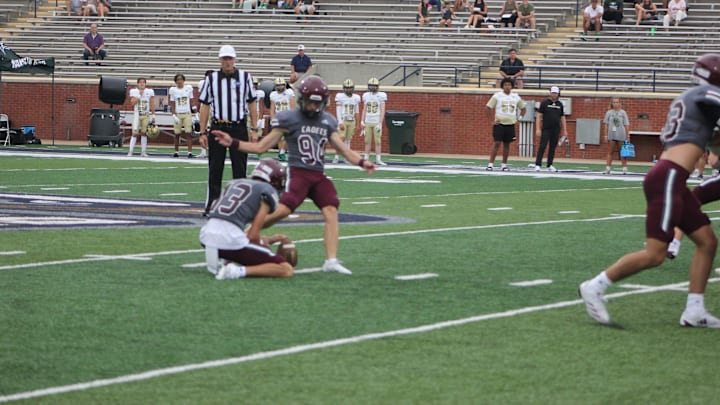 Benedictine's Connor Ferguson connects on a 48-yard field goal in a loss to Rabun Gap on Aug. 17, 2024 at Paulson Stadium.