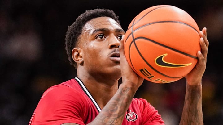 Nov 13, 2023; Columbia, Missouri, USA; SIU Edwardsville Cougars guard Damarco Minor (0) shoots a free throw against the Missouri Tigers during the second half at Mizzou Arena. Mandatory Credit: Denny Medley-Imagn Images