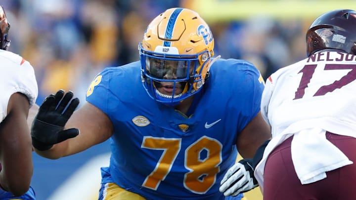 Oct 8, 2022; Pittsburgh, Pennsylvania, USA; Pittsburgh Panthers offensive lineman Branson Taylor (78) against the Virginia Tech Hokies during the second quarter at Acrisure Stadium. Mandatory Credit: Charles LeClaire-Imagn Images