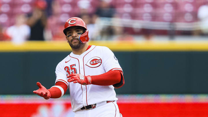 Jun 4, 2025; Cincinnati, Ohio, USA; Cincinnati Reds catcher Jose Trevino (35) reacts after hitting a double in the third inning against the Milwaukee Brewers at Great American Ball Park. Mandatory Credit: Katie Stratman-Imagn Images