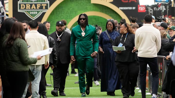 NFL draft prospect, Shemar Stewart of Texas A&M, arrives during the NFL Draft Red Carpet event at Lambeau Field in Green Bay on Thursday, April 24, 2025.