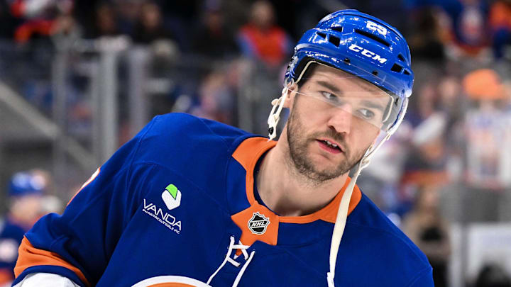 Dec 19, 2025; Elmont, New York, USA; New York Islanders left wing Jonathan Drouin (29) warms up before a game against the Vancouver Canucks at UBS Arena. Mandatory Credit: John Jones-Imagn Images