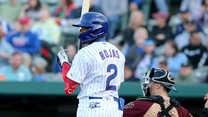 South Bend Cubs infielder Jefferson Rojas (2) Tuesday, April 9, 2024, at the South Bend Cubs home baseball opener against the Wisconsin Timber Rattlers at Four Winds Field in South Bend.