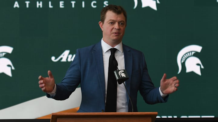 New MSU Hockey Coach Adam Nightingale speaks Monday, May 9, 2022, during a press conference at the Breslin Center.

Nightingale Dsc 8464