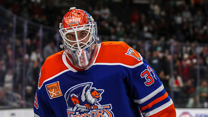 Bakersfield goaltender Olivier Rodrigue (33) skates away from the net to stay loose during a break