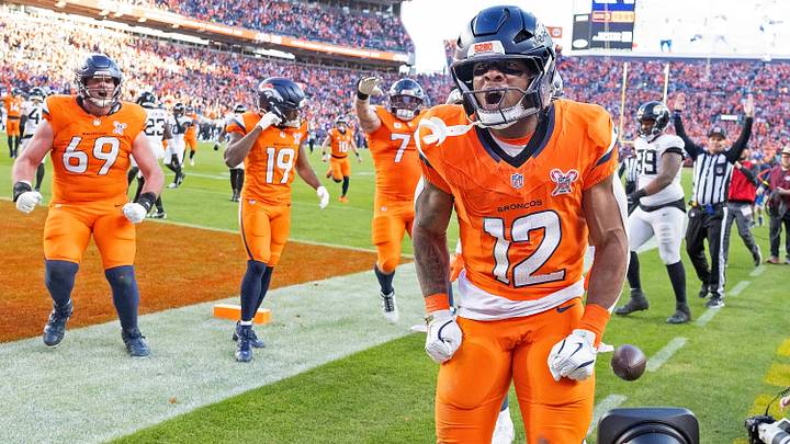 December 21, 2025, Denver, Colorado, USA: Broncos RB RJ HARVEY yells after scoring a rushing TD during the 2nd. Half at Empower Field at Mile High Sunday afternoon. December 21, 2025, Denver, Colorado, USA: Broncos RB RJ HARVEY yells after scoring a rushing TD during the 2nd. Half at Empower Field at Mile High Sunday afternoon.
