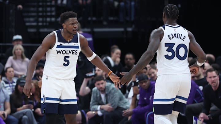 Jan 20, 2026; Salt Lake City, Utah, USA; Minnesota Timberwolves guard Anthony Edwards (5) and forward Julius Randle (30) slap hands after a play against the Utah Jazz during the second half at Delta Center. Jan 20, 2026; Salt Lake City, Utah, USA; Minnesota Timberwolves guard Anthony Edwards (5) and forward Julius Randle (30) slap hands after a play against the Utah Jazz during the second half at Delta Center.