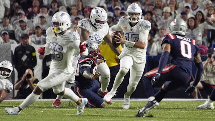 Oct 5, 2025; Orchard Park, New York, USA; Buffalo Bills quarterback Josh Allen (17) rushes the ball against the New England Patriots during the first half at Highmark Stadium. Oct 5, 2025; Orchard Park, New York, USA; Buffalo Bills quarterback Josh Allen (17) rushes the ball against the New England Patriots during the first half at Highmark Stadium.