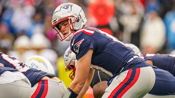 Dec 28, 2024; Foxborough, Massachusetts, USA; New England Patriots quarterback Drake Maye (10) on the field against the Los Angeles Chargers in the first quarter at Gillette Stadium. Mandatory Credit: David Butler II-Imagn Images