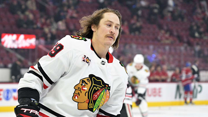 Dec 18, 2025; Montreal, Quebec, CAN; Chicago Blackhawks forward Tyler Bertuzzi (59) skates during the warmup before the game against the Montreal Canadiens at the Bell Centre. Mandatory Credit: Eric Bolte-Imagn Images