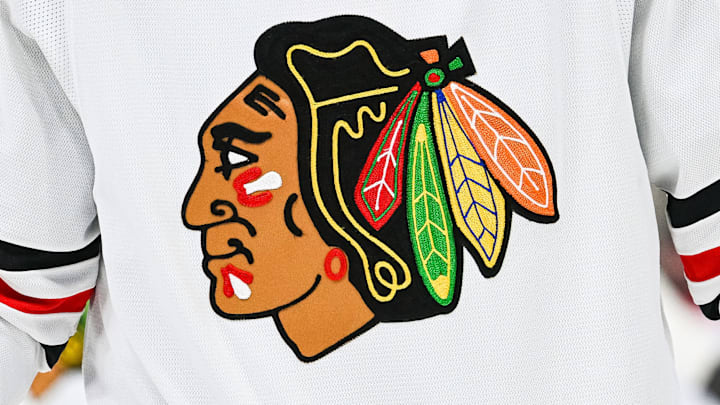 Feb 14, 2023; Montreal, Quebec, CAN; View of a Chicago Blackhawks logo on a jersey worn by a member of the team against the Montreal Canadiens during the third period at Bell Centre. Mandatory Credit: David Kirouac-Imagn Images