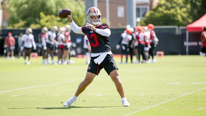 Jun 11, 2025; Santa Clara, CA, USA; San Francisco 49ers quarterback Brock Purdy (13) throws a pass during a team OTA at Levi's Stadium. Mandatory Credit: D. Ross Cameron-Imagn Images Jun 11, 2025; Santa Clara, CA, USA; San Francisco 49ers quarterback Brock Purdy (13) throws a pass during a team OTA at Levi's Stadium. Mandatory Credit: D. Ross Cameron-Imagn Images