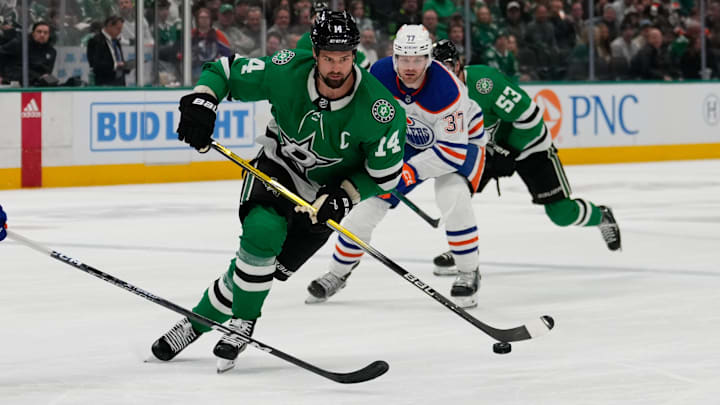 Feb 17, 2024; Dallas, Texas, USA; Dallas Stars left wing Jamie Benn (14) skates with the puck