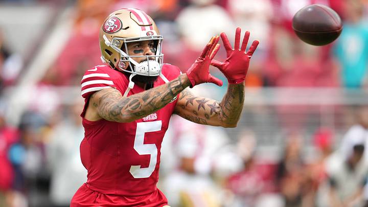 Sep 20, 2026; Santa Clara, California, USA; San Francisco 49ers wide receiver Mike Evans (5) warms up prior to the game against the Miami Dolphins at Levi's Stadium. Sep 20, 2026; Santa Clara, California, USA; San Francisco 49ers wide receiver Mike Evans (5) warms up prior to the game against the Miami Dolphins at Levi's Stadium.
