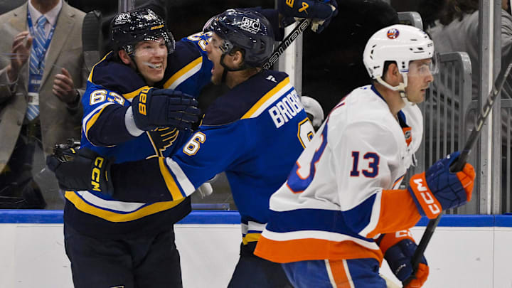 Oct 17, 2024; St. Louis, Missouri, USA;  St. Louis Blues left wing Jake Neighbours (63) celebrates with defenseman Philip Broberg (6) after scoring the game winning goal against New York Islanders goaltender Ilya Sorokin (not pictured) in overtime at Enterprise Center. Mandatory Credit: Jeff Curry-Imagn Images
