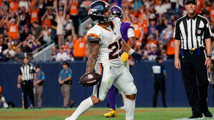 Aug 28, 2026; Denver, Colorado, USA; Denver Broncos running back Cody Schrader (25) celebrates his touchdown in the fourth quarter against the Minnesota Vikings at Empower Field at Mile High. Aug 28, 2026; Denver, Colorado, USA; Denver Broncos running back Cody Schrader (25) celebrates his touchdown in the fourth quarter against the Minnesota Vikings at Empower Field at Mile High.