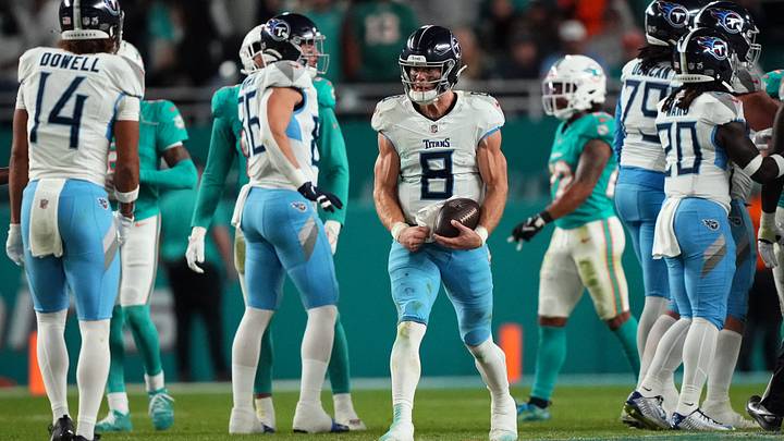 Tennessee Titans quarterback Will Levis (8) celebrates after defeating the Miami Dolphins at Hard Rock Stadium.