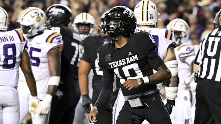 Texas A&M Aggies quarterback Marcel Reed celebrates after scoring a touchdown in the third quarter against the LSU Tigers.