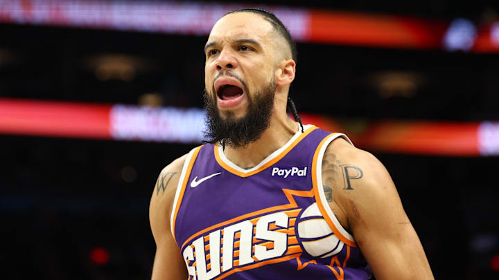 Jan 30, 2026; Phoenix, Arizona, USA; Phoenix Suns forward Dillon Brooks (3) against the Cleveland Cavaliers at Mortgage Matchup Center. Mandatory Credit: Mark J. Rebilas-Imagn Images