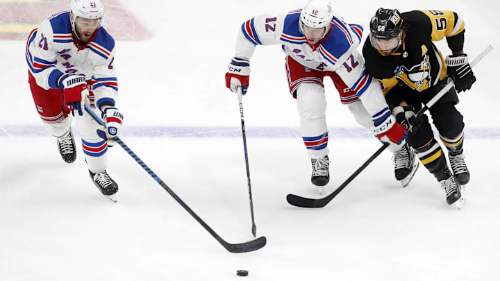 Nov 22, 2023; Pittsburgh, Pennsylvania, USA; New York Rangers center Barclay Goodrow (21) and center