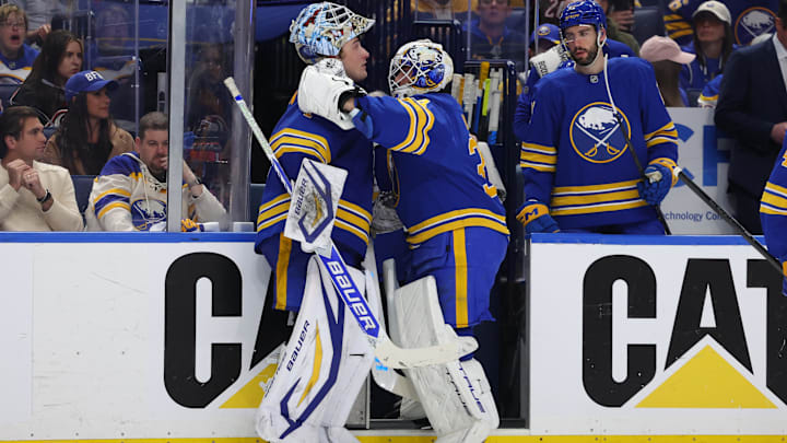 Apr 21, 2026; Buffalo, New York, USA; Buffalo Sabres goaltender Alex Lyon (34) comes into the game for goaltender Ukko-Pekka Luukkonen (1) during the third period against the Boston Bruins in game two of the first round of the 2026 Stanley Cup Playoffs at KeyBank Center. Mandatory Credit: Timothy T. Ludwig-Imagn Images