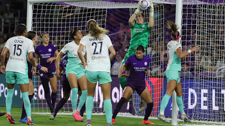Sep 13, 2024; Orlando, Florida, USA;  Orlando Pride goalkeeper Anna Moorhouse (1) blocks a shot during the second half by the Kansas City Current at Inter&Co Stadium. Mandatory Credit: Mike Watters-Imagn Images