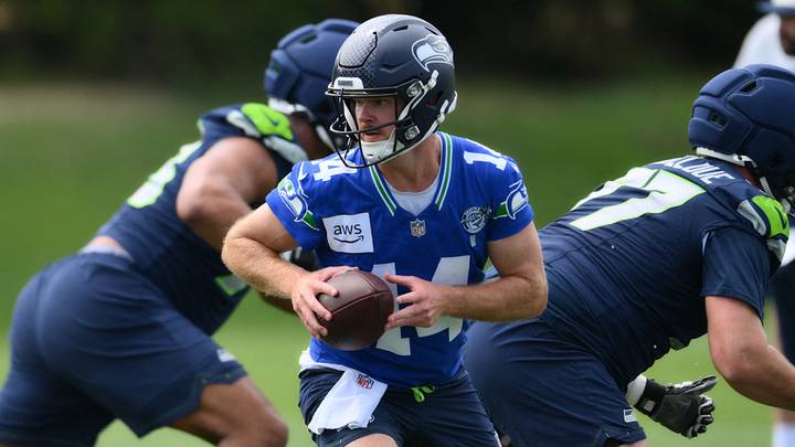 Seattle Seahawks quarterback Sam Darnold during training camp at Virginia Mason Athletic Center. Seattle Seahawks quarterback Sam Darnold during training camp at Virginia Mason Athletic Center.