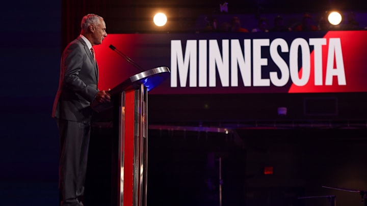 Jul 13, 2025; Atlanta, GA, USA; MLB Commissioner Rob Manfred announces the pick for the Minnesota Twins during the MLB Draft at The Coca-Cola Roxy.