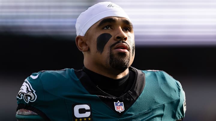 Dec 8, 2024; Philadelphia, Pennsylvania, USA;  Philadelphia Eagles quarterback Jalen Hurts (1) takes the field for action against the Carolina Panthers at Lincoln Financial Field. Mandatory Credit: Bill Streicher-Imagn Images