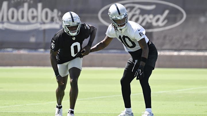 Jun 11, 2025; Henderson, NV, USA; Las Vegas Raiders cornerback Jakorian Bennett (0) and wide receiver Dont'e Thornton Jr. (10) run through a drill during Las Vegas Raiders Minicamp at Intermountain Health Performance Center. Mandatory Credit: Candice Ward-Imagn Images