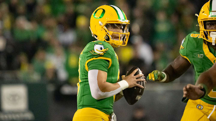 Oregon quarterback Dillon Gabriel looks to pass as the Oregon Ducks host the Maryland Terrapins at Autzen Stadium Saturday, Nov. 9, 2024 in Eugene, Ore.