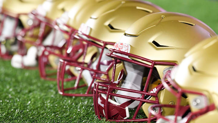 Nov 5, 2021; Chestnut Hill, Massachusetts, USA; A detailed view of the helmets of the Boston College Eagles before a game against the Virginia Tech Hokies at Alumni Stadium. Mandatory Credit: Brian Fluharty-Imagn Images