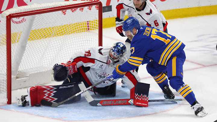 Nov 1, 2025; Buffalo, New York, USA;  Washington Capitals goaltender Charlie Lindgren (79) makes a pad save on Buffalo Sabres left wing Jason Zucker (17) during the second period at KeyBank Center. Mandatory Credit: Timothy T. Ludwig-Imagn Images