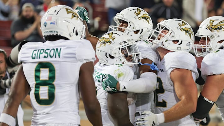 Sacramento State celebrates a touchdown during a matchup against Stanford in 2023. Sacramento State celebrates a touchdown during a matchup against Stanford in 2023.